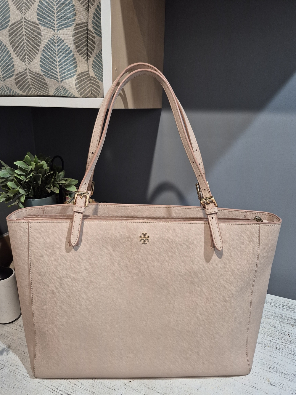 Tory Burch Saffiano Blush Pink Leather Purse Tote Bag  (Light Oak)